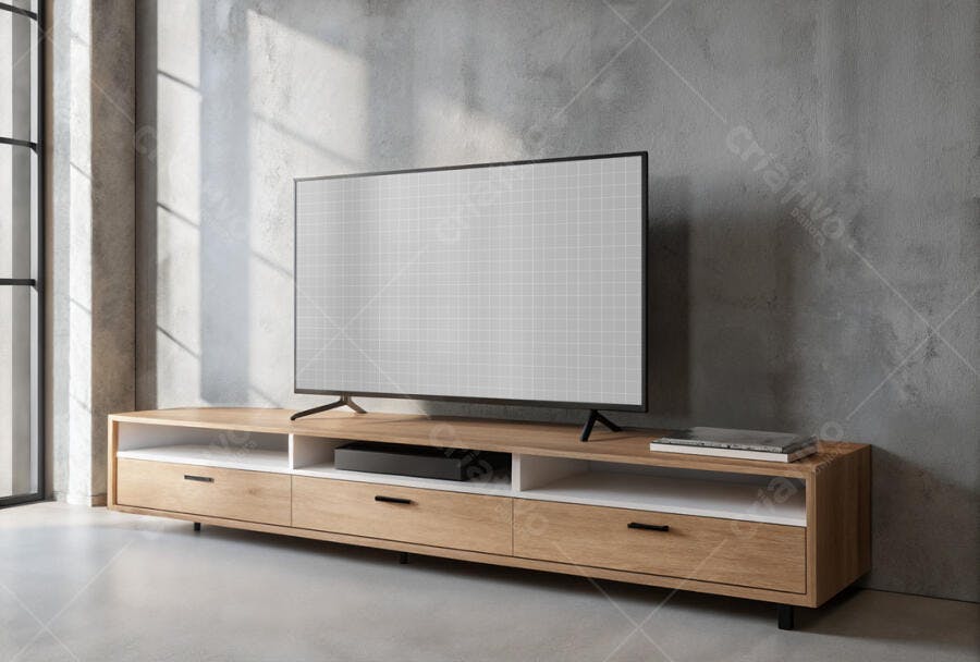 Mockup de Smart TV em Sala Moderna com Móvel de Madeira