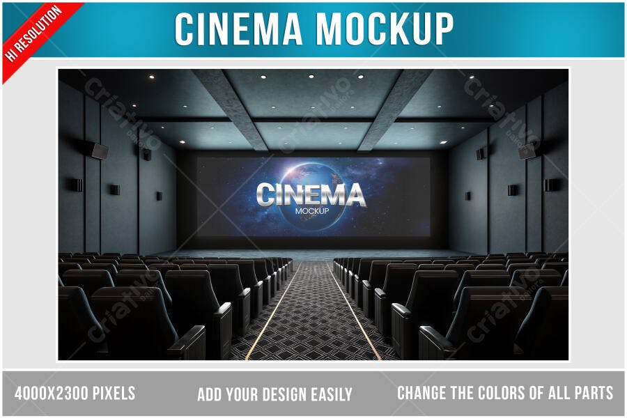 Mockup Cinema Realista: Tela Gigante e Poltronas Pretas