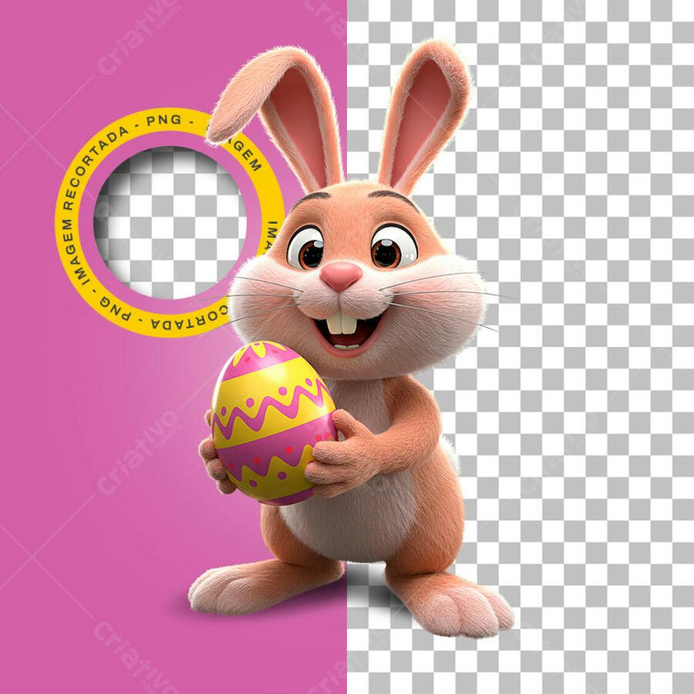 Coelho 3D Fofinho Png Segurando um Ovo de Páscoa