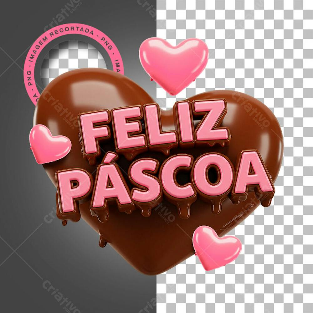 Feliz Páscoa Selo 3D com Coração de Chocolate 3D