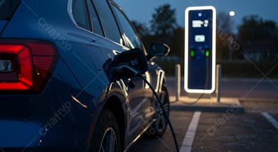 Um carro elétrico azul moderno está carregando em uma estação de carregamento pública ao anoitecer