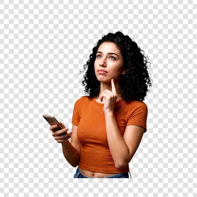 PNG Mulher pensativa segurando o celular 