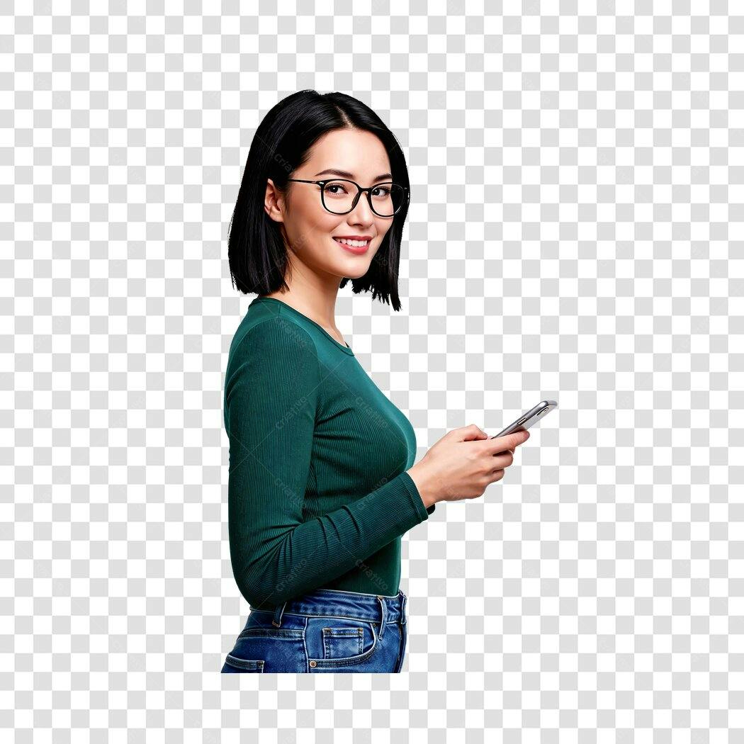 Banner mulher asiática usando celular PNG com fundo transparente