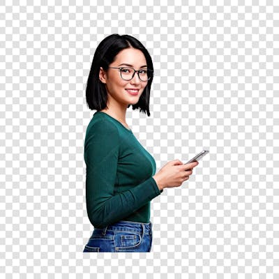 PNG Mulher de óculos segurando o celular 