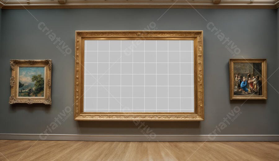 Mockup Quadro Museu: Moldura Dourada em Parede Cinza