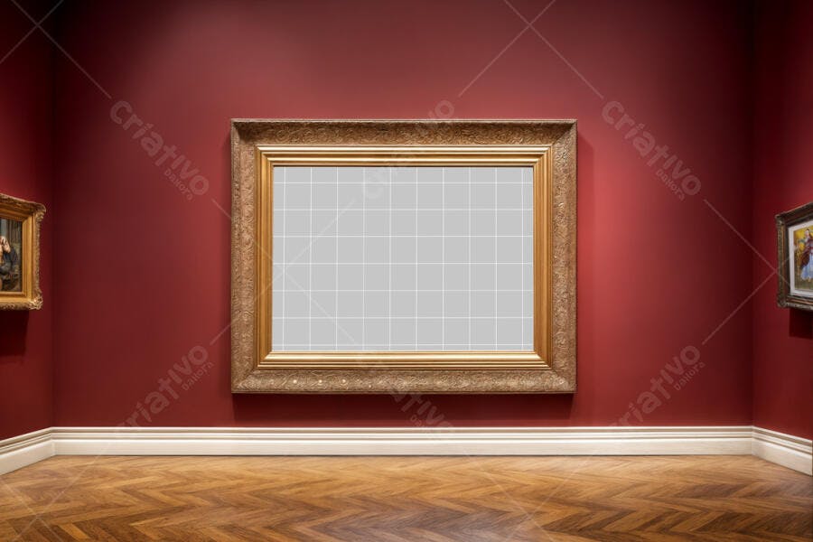 Mockup Quadro Dourado em Parede Vermelha