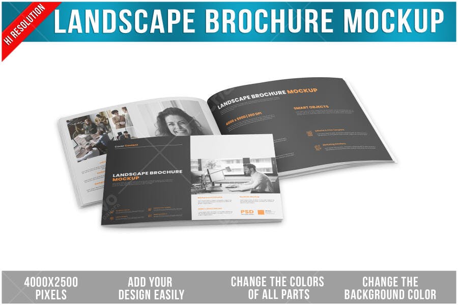 Mockup de Brochura Paisagem: Design Moderno em Preto e Branco