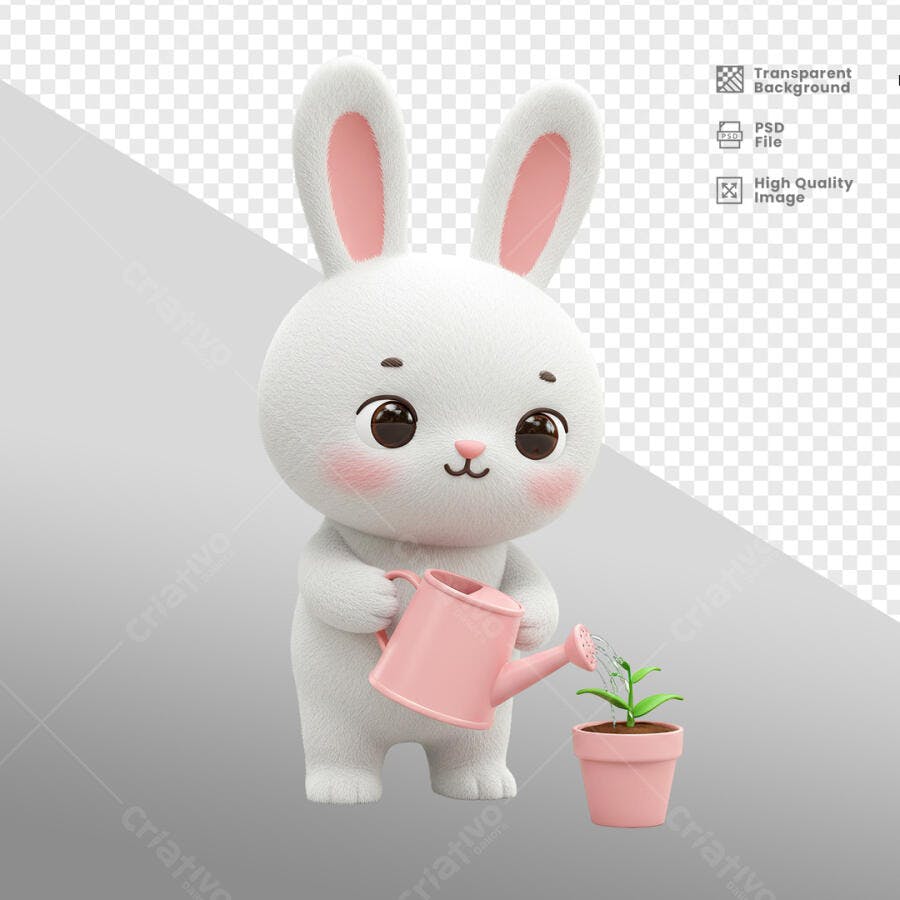 Ilustração Coelhinho Regando Planta PSD Editável