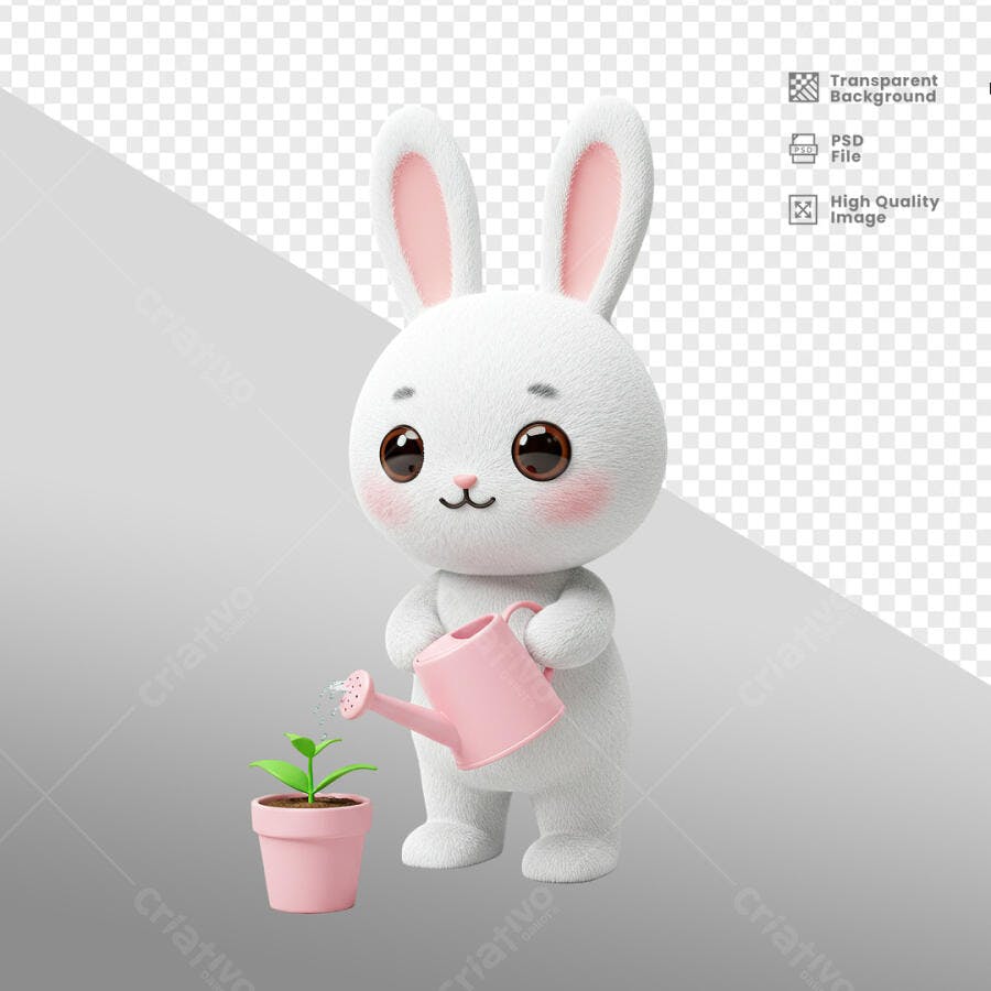 Ilustração Coelhinho Regando Planta PSD Editável