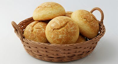 Cesta de Pão Francês Brasileiro - Pães Artesanais Frescos em Fundo Branco