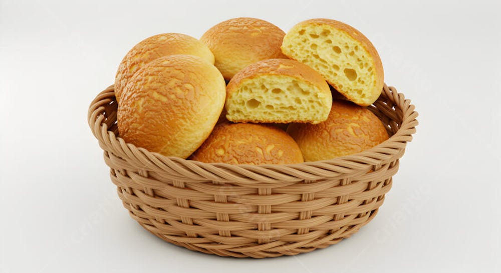Cesta de Pão Francês Brasileiro - Pães Artesanais Frescos em Fundo Branco