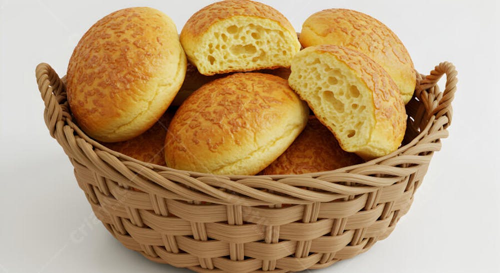 Cesta de Pão Francês Brasileiro - Pães Artesanais Frescos em Fundo Branco