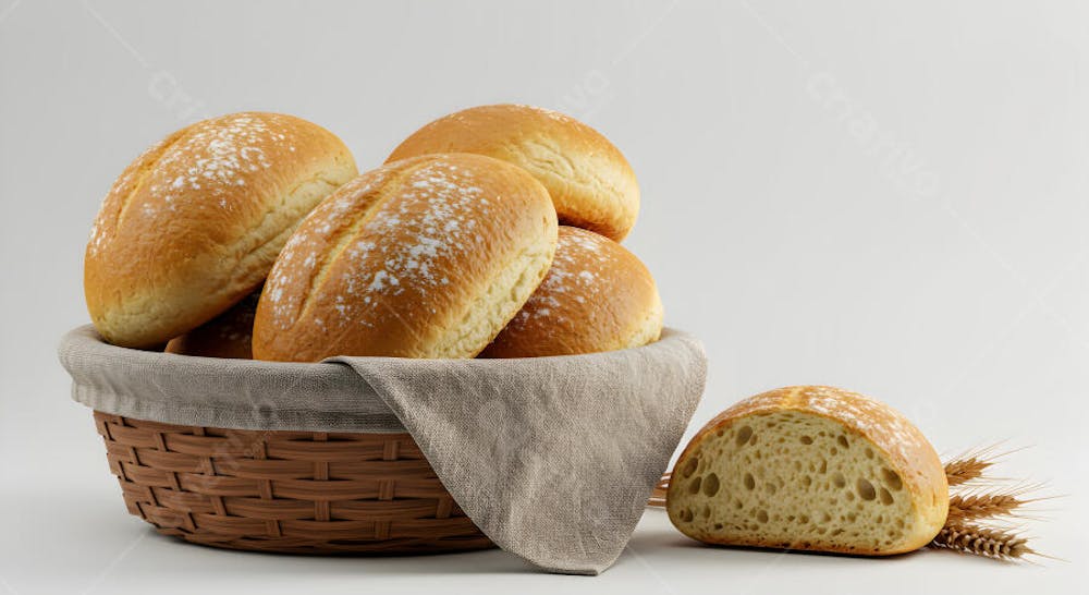 Cesta de Pão Francês Brasileiro - Pães Artesanais Frescos em Fundo Branco
