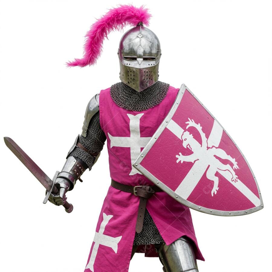 Cavaleiro medieval em armadura rosa e escudo