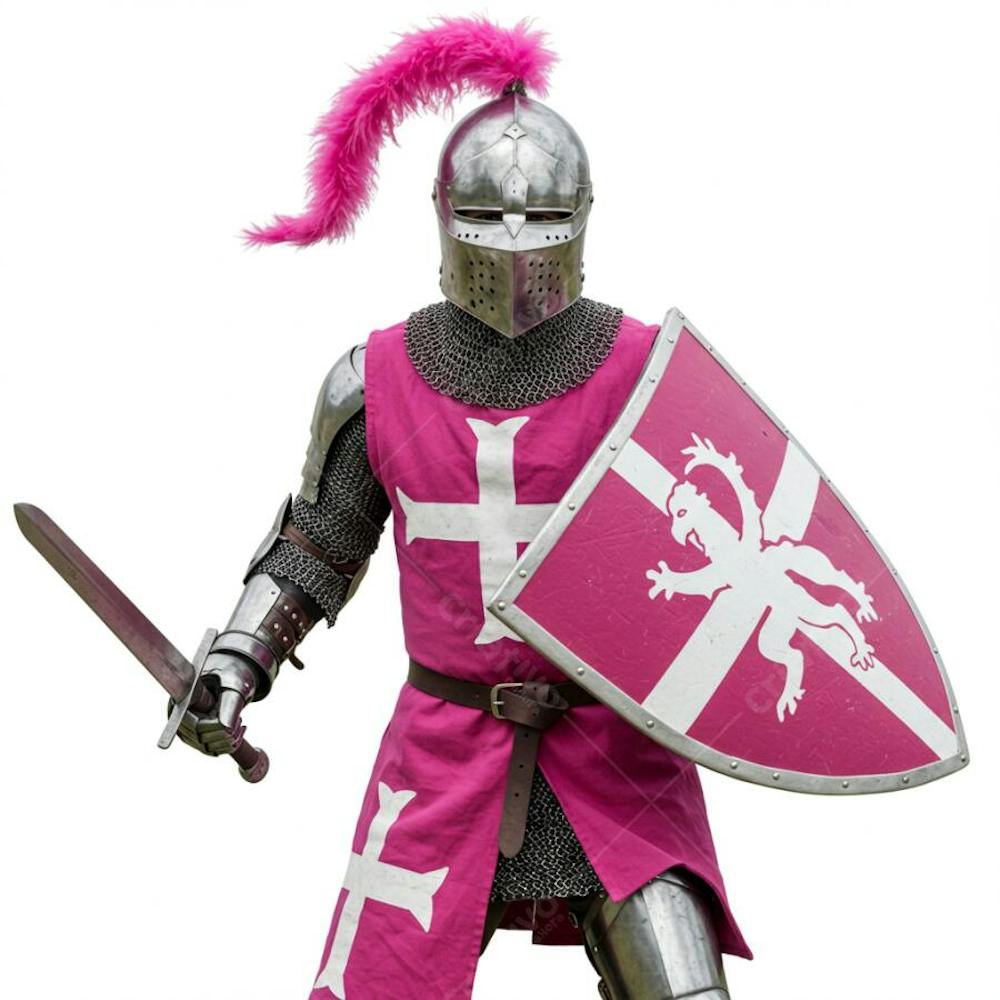Cavaleiro de armadura completa realista 4k rosa com escudo rosa