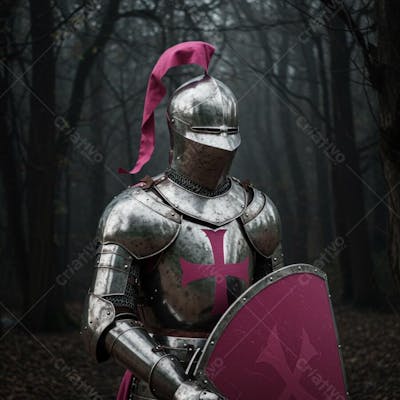 Cavaleiro de armadura completa realista 4k rosa com escudo rosa