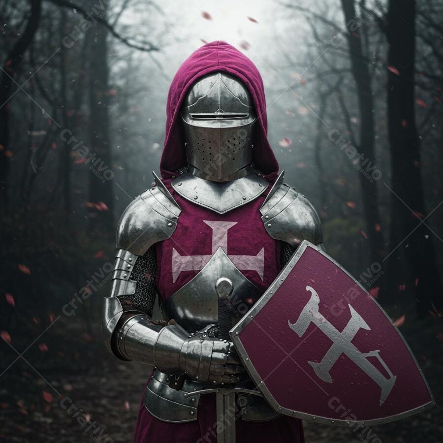 Cavaleiro medieval em armadura e floresta escura