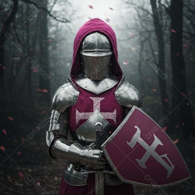 Cavaleiro de armadura completa realista 4k rosa com escudo rosa