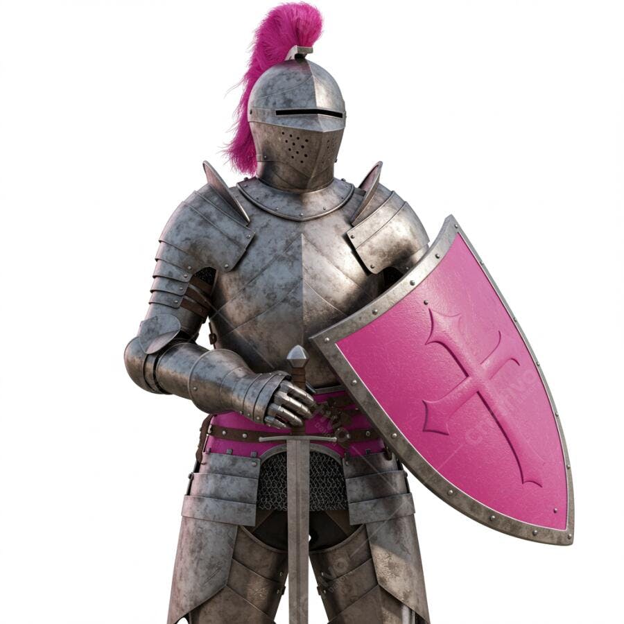 Cavaleiro medieval armadura cinza escudo rosa