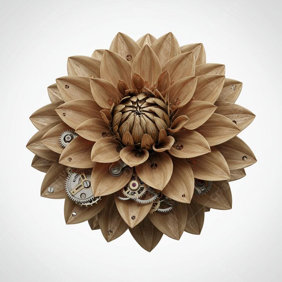 Flor de Madeira Mecânica com Engrenagens