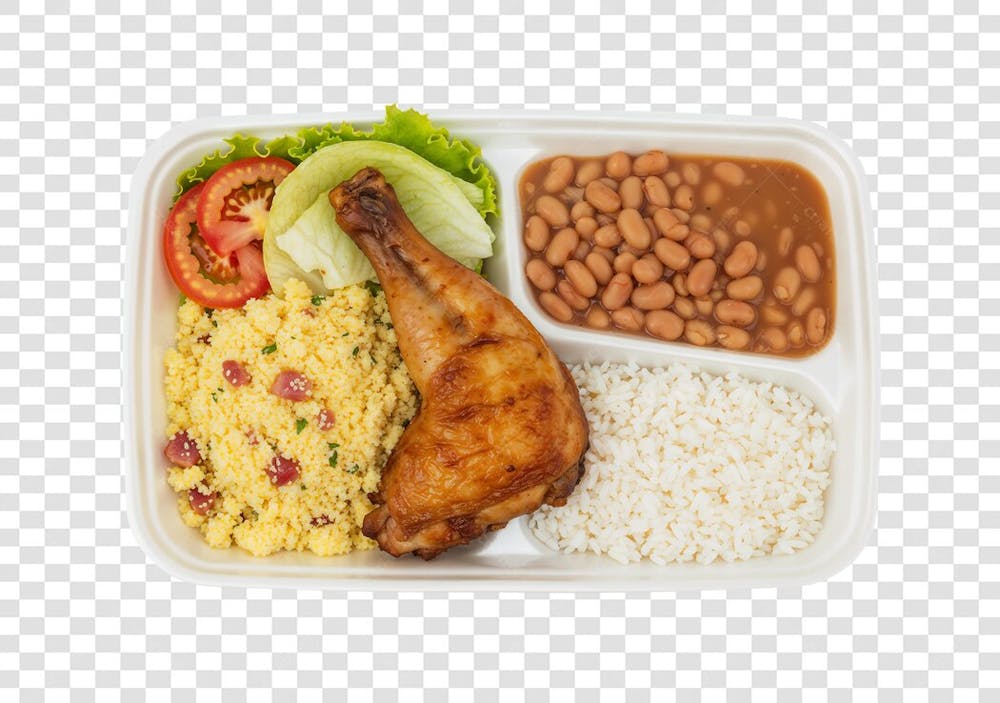 Marmitex Arroz, feijão, salada, frango e farofa
