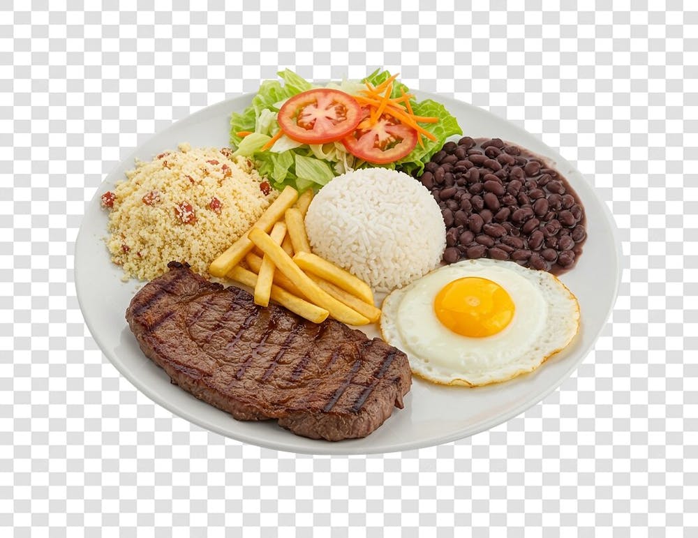 Arroz, feijão, ovo, salada, carne e farofa