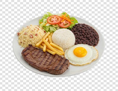 Arroz, feijão, ovo, salada, carne e farofa