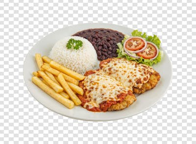 Arroz, feijão, salada, Parmegiana e farofa