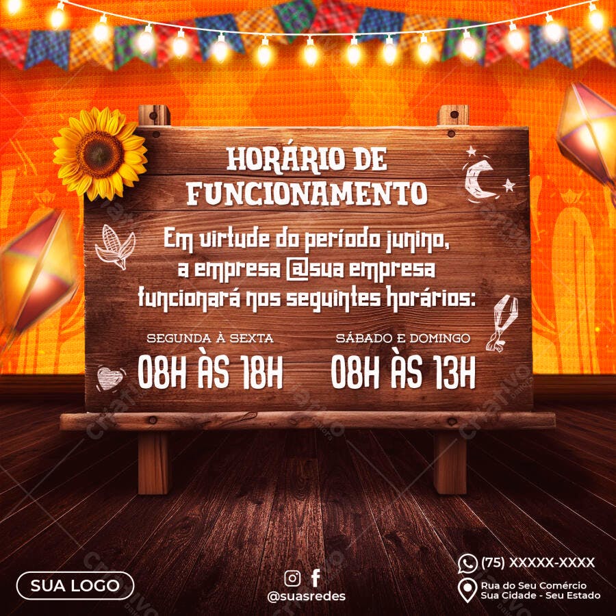 Post Festa Junina Horário de Funcionamento PSD Editável