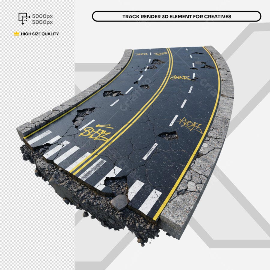 Elemento 3D de Estrada Destruída PSD Editável