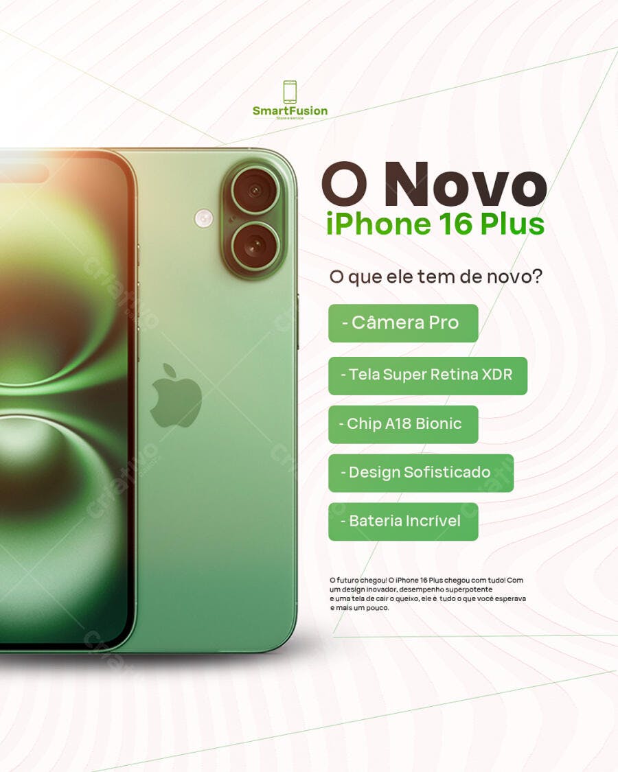 Mockup iPhone 16 Plus Verde PSD Editável