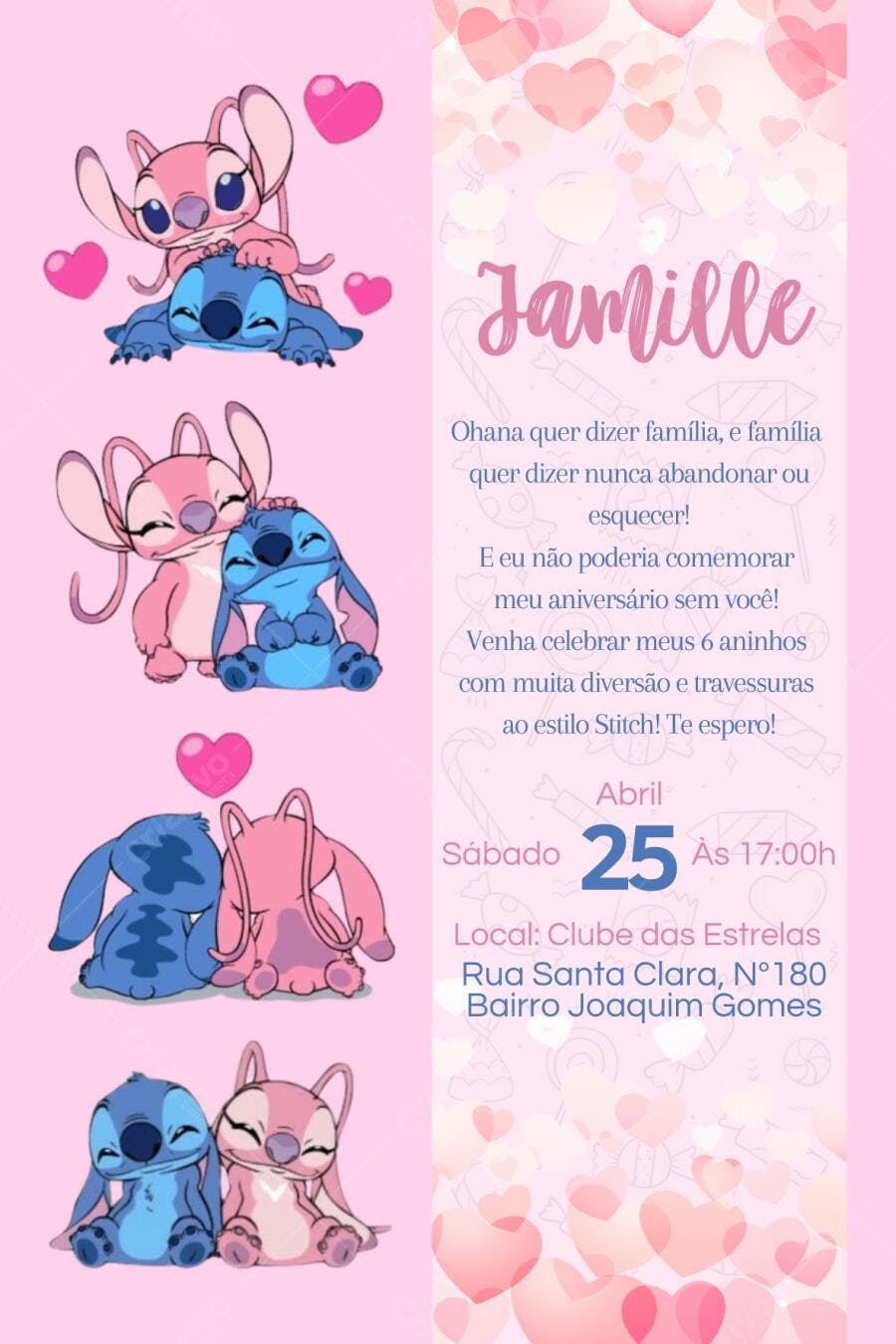 Convite de Aniversário Infantil Stitch Rosa e Azul Editável no Canva