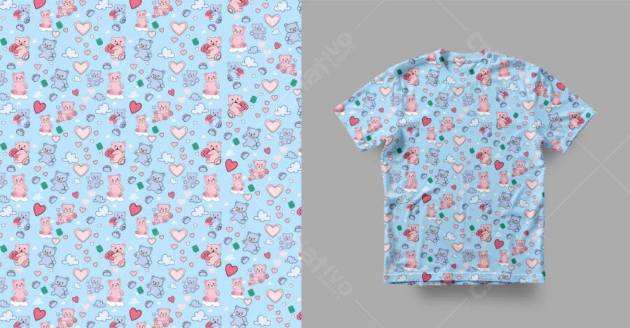 Padrão vetorial Ursinhos e Corações Rosa e Azul