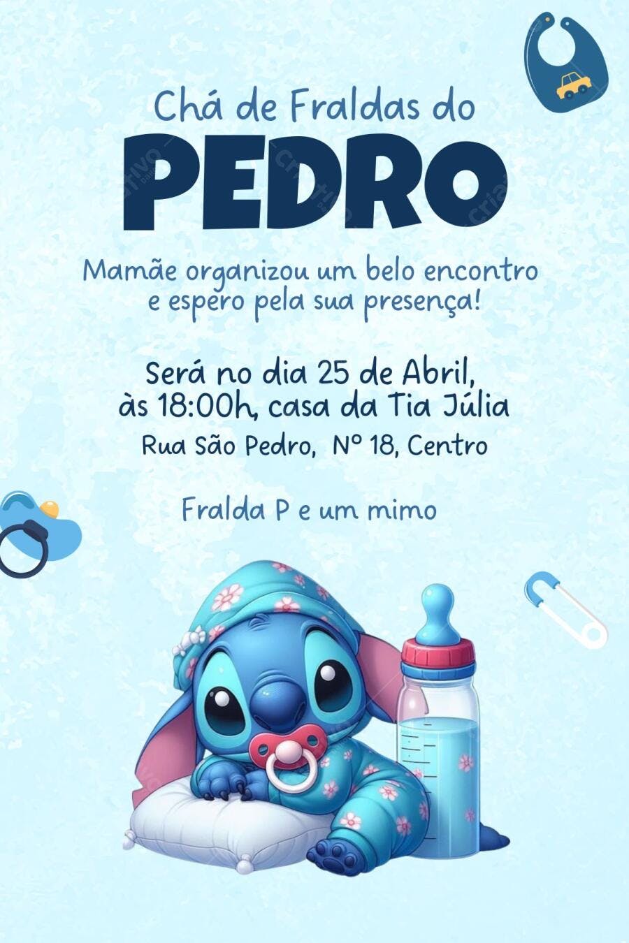 Convite Chá de Bebê Stitch Azul Bebê Editável no Canva