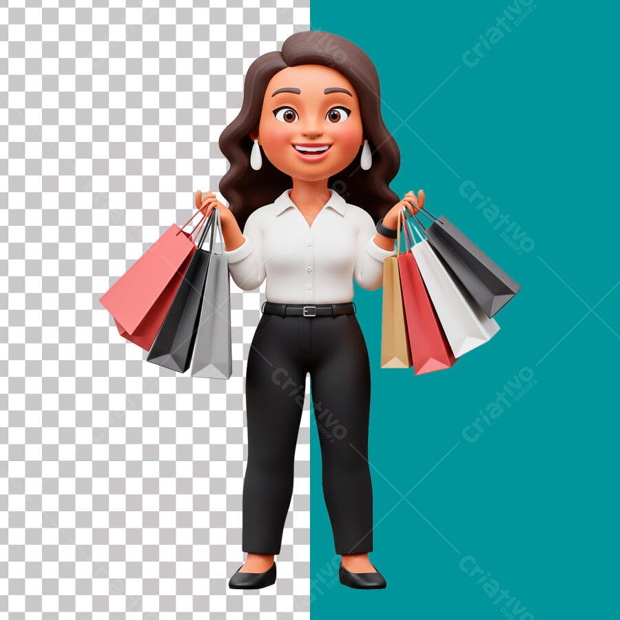 Ilustração PSD Editável Mulher com Sacolas de Compras