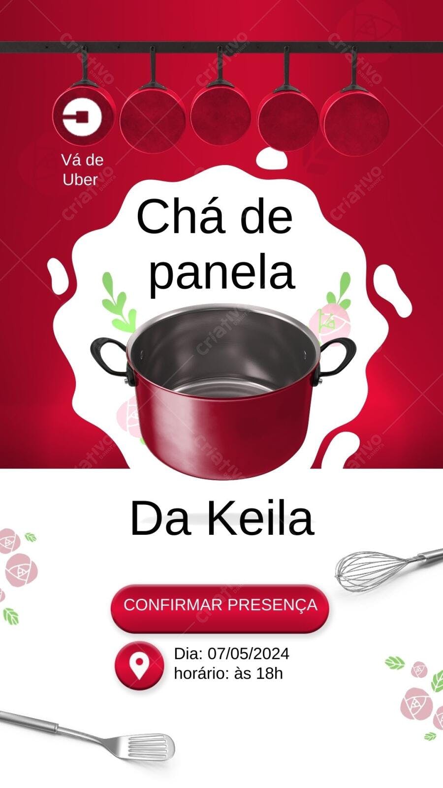 Convite Chá de Panela Vermelho e Rosa Editável no Canva