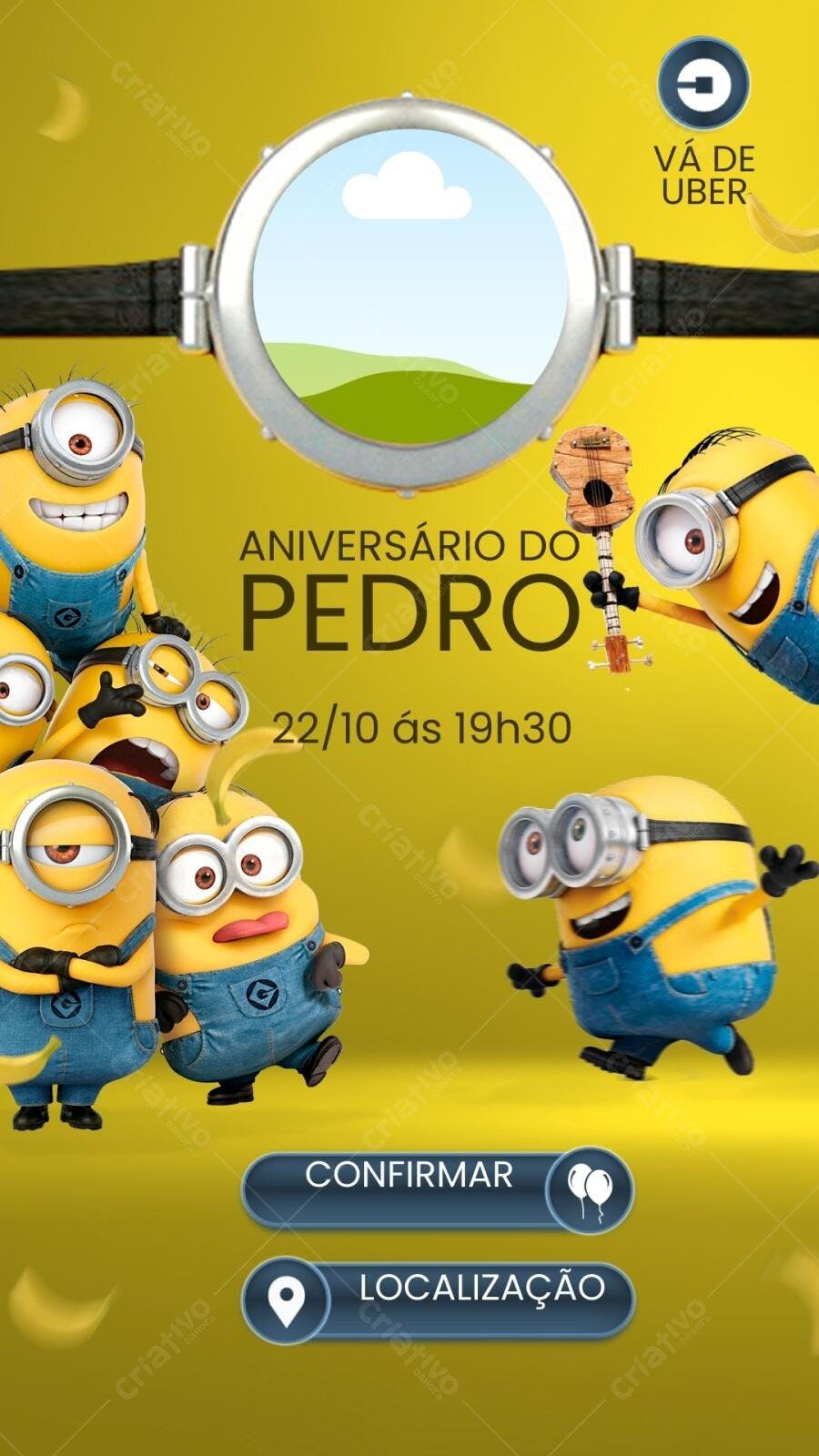 Convite de Aniversário Infantil Minions Amarelo e Azul Editável no Canva