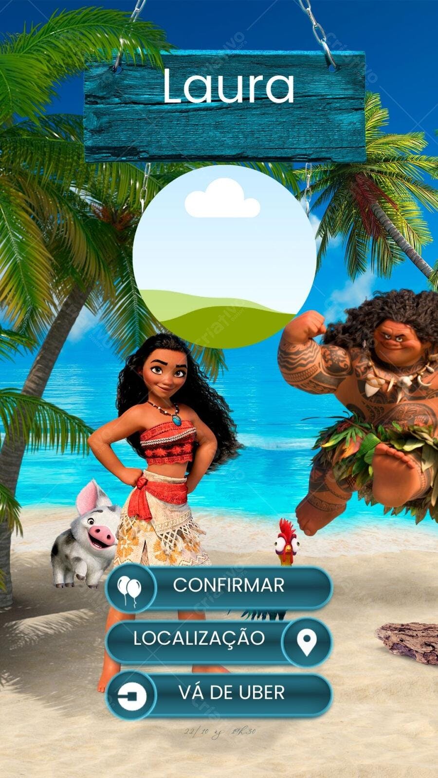 Convite Festa Infantil Moana e Maui Editável no Canva