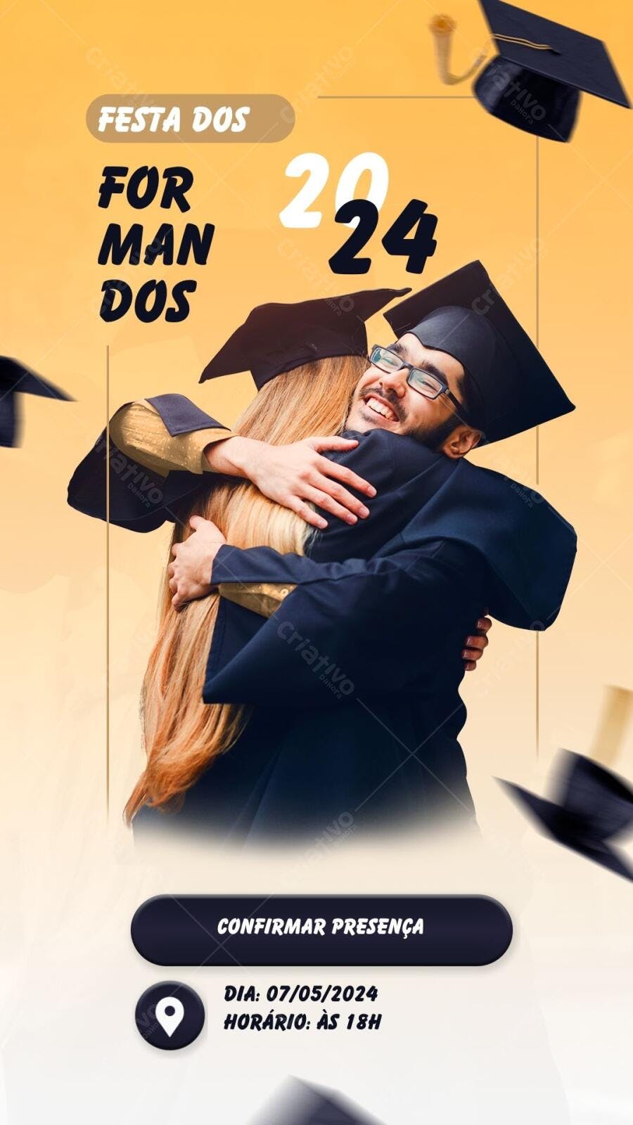 Convite de Formatura com Fotos de Abraço Editável no Canva