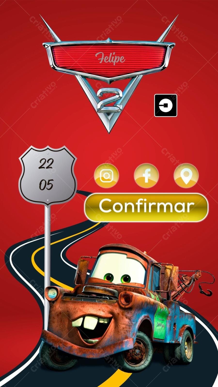 Convite de Aniversário Cars Mate Editável no Canva