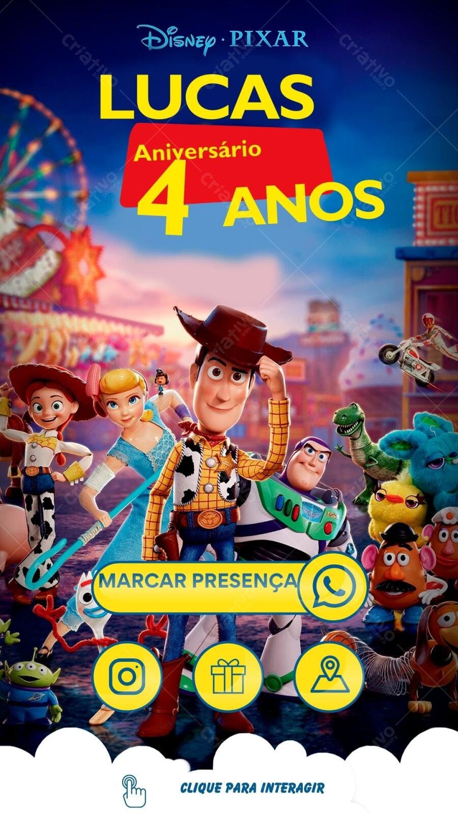 Convite de Aniversário Toy Story 4 anos Editável no Canva