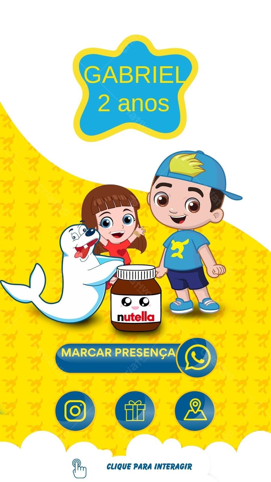 Convite Aniversário Infantil Nutella e Foca Amarelo e Azul Editável no Canva