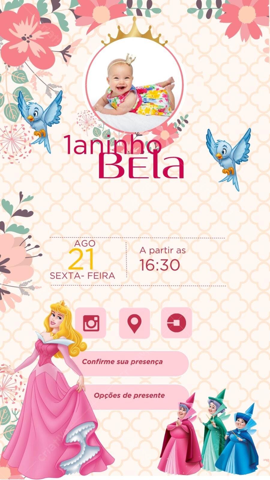 Convite 1º Aninho Bela Rosa e Pássaros Editável no Canva