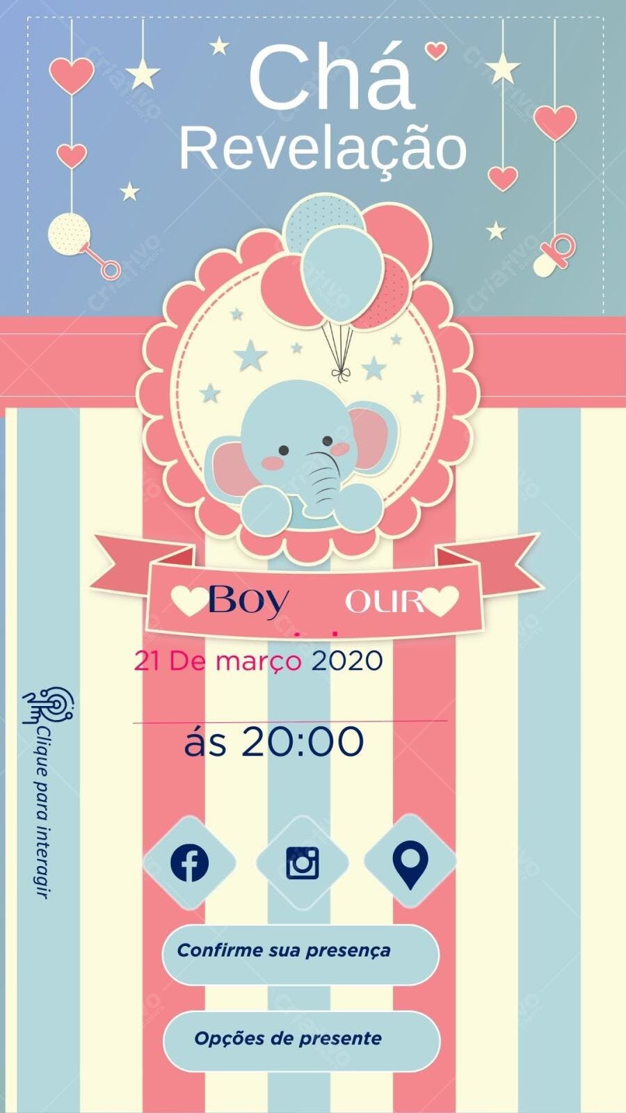 Convite Chá Revelação Elefante Rosa e Azul Editável no Canva