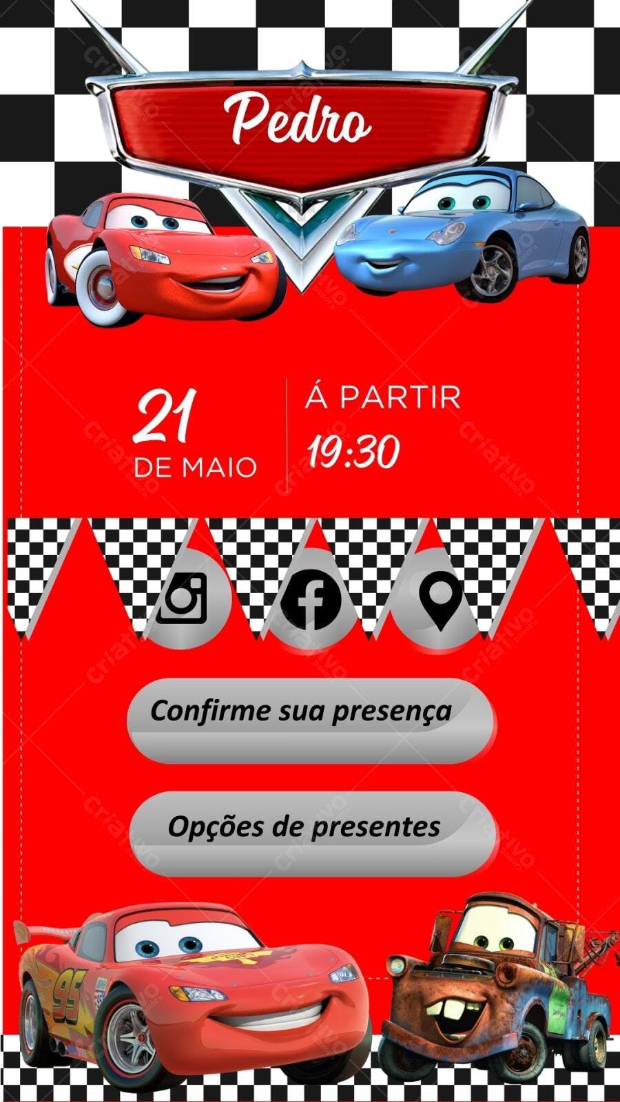 Convite Festa Infantil Carros Pixar Editável no Canva