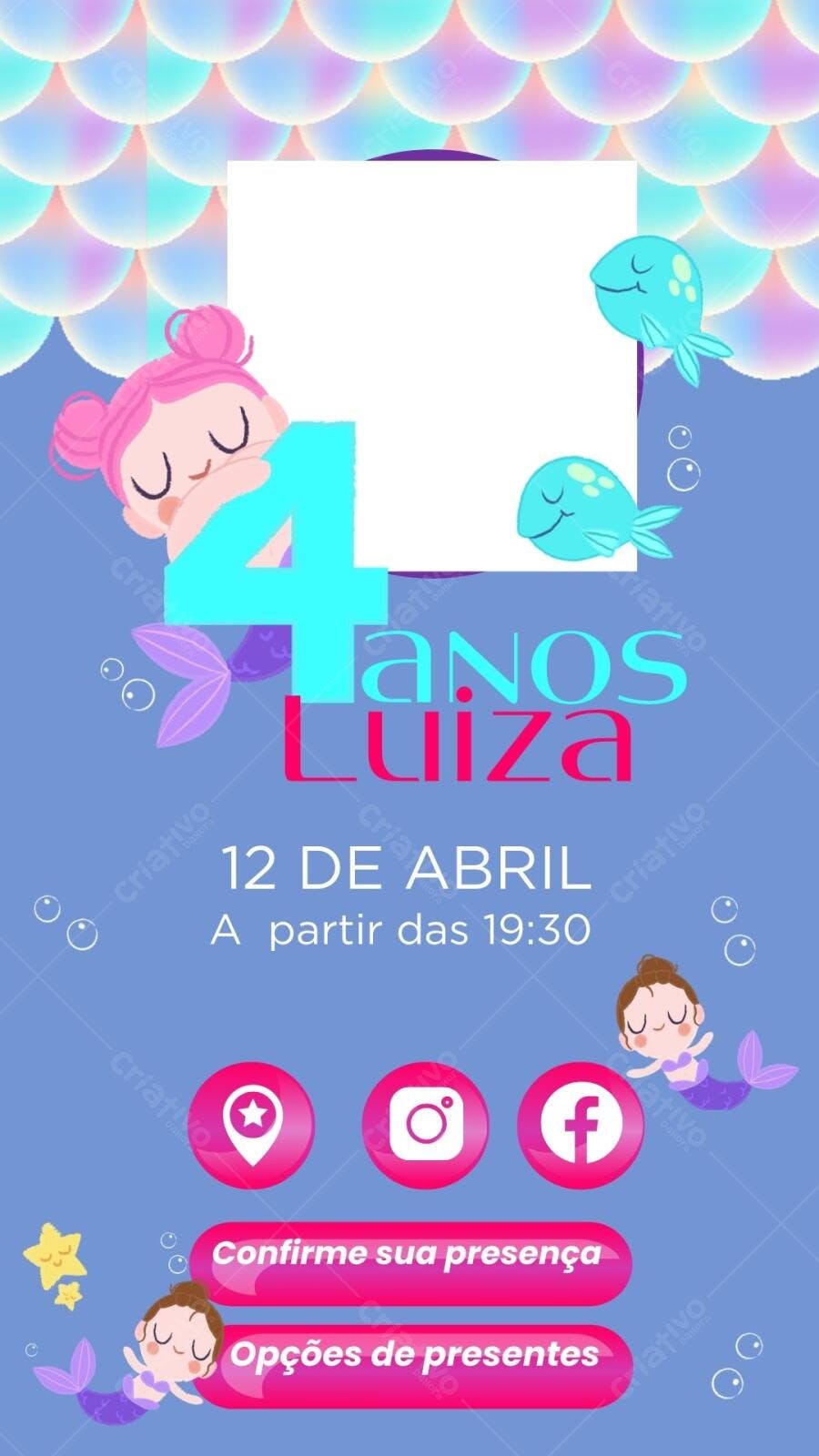 Convite Aniversário Infantil Sereia 4 anos Editável no Canva