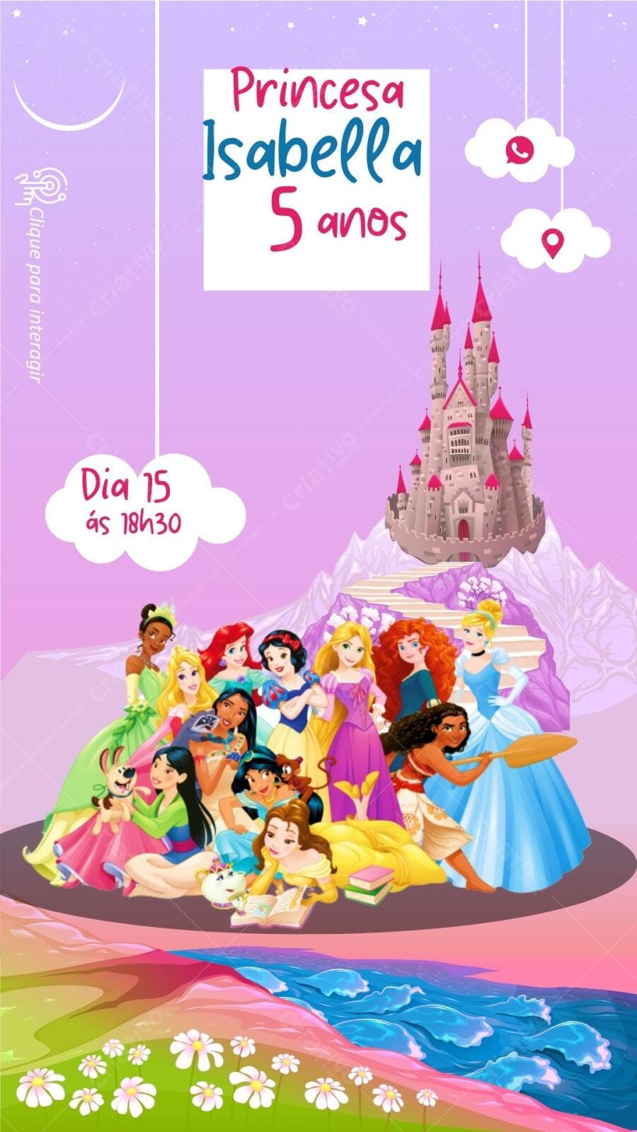Convite Festa Infantil Princesas Disney Castelo Rosa Editável no Canva