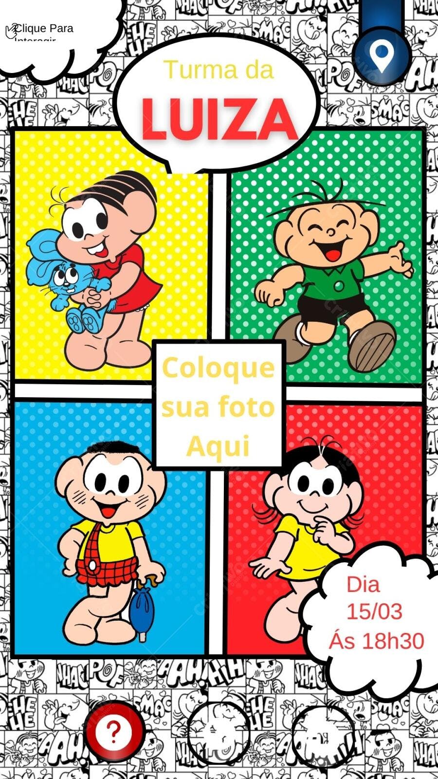 Convite de Aniversário Turma da Mônica tema quadrinhos Editável no Canva