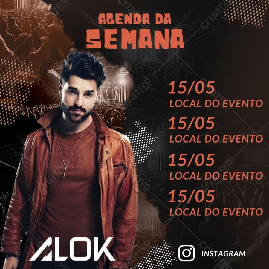 Template de divulgação de evento com Alok marrom e preto Editável no Canva