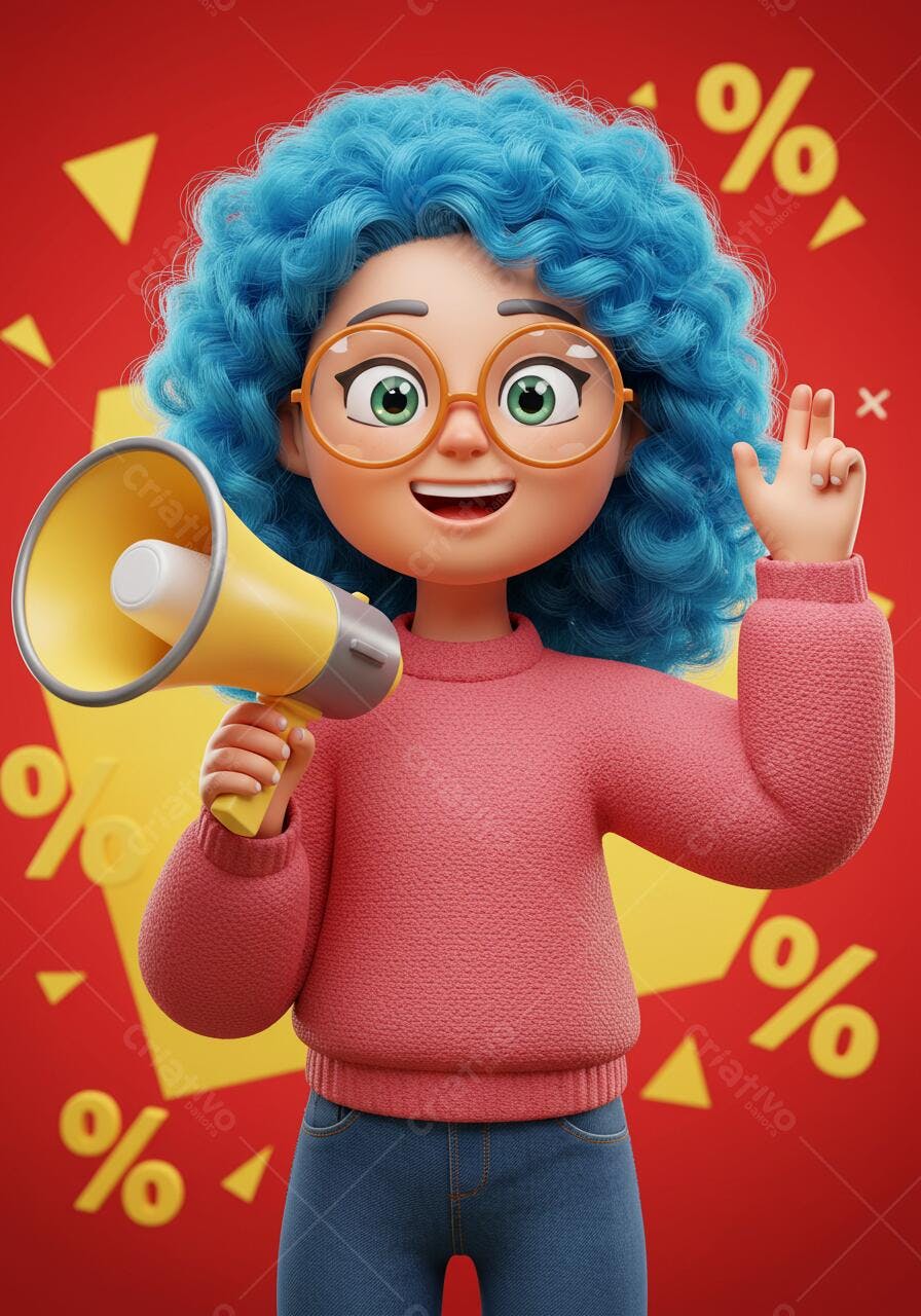 Menina 3D anunciando promoção com megafone